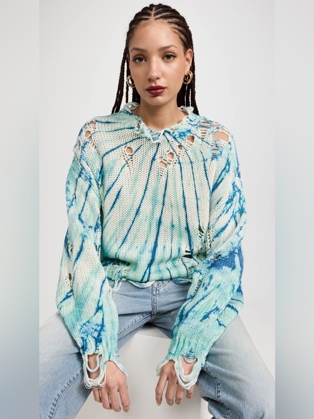 R13 Woman’s Blue Tie Die Distressed Oversized Sweater, size M